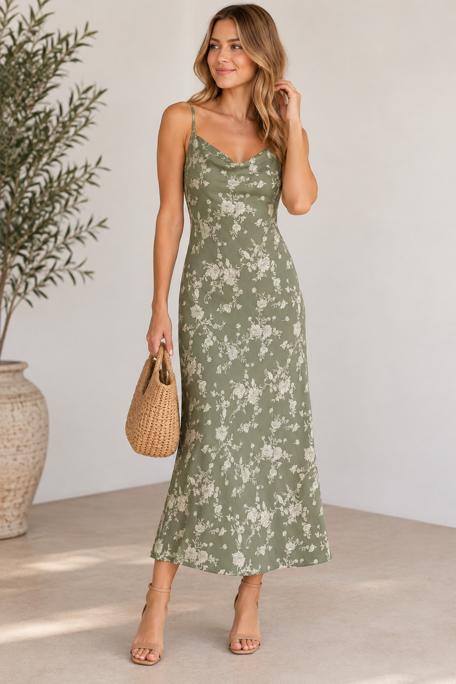 Altar'd State Green Floral Satin Cowl Neck Maxi Dress XS Wedding Guest Garden
